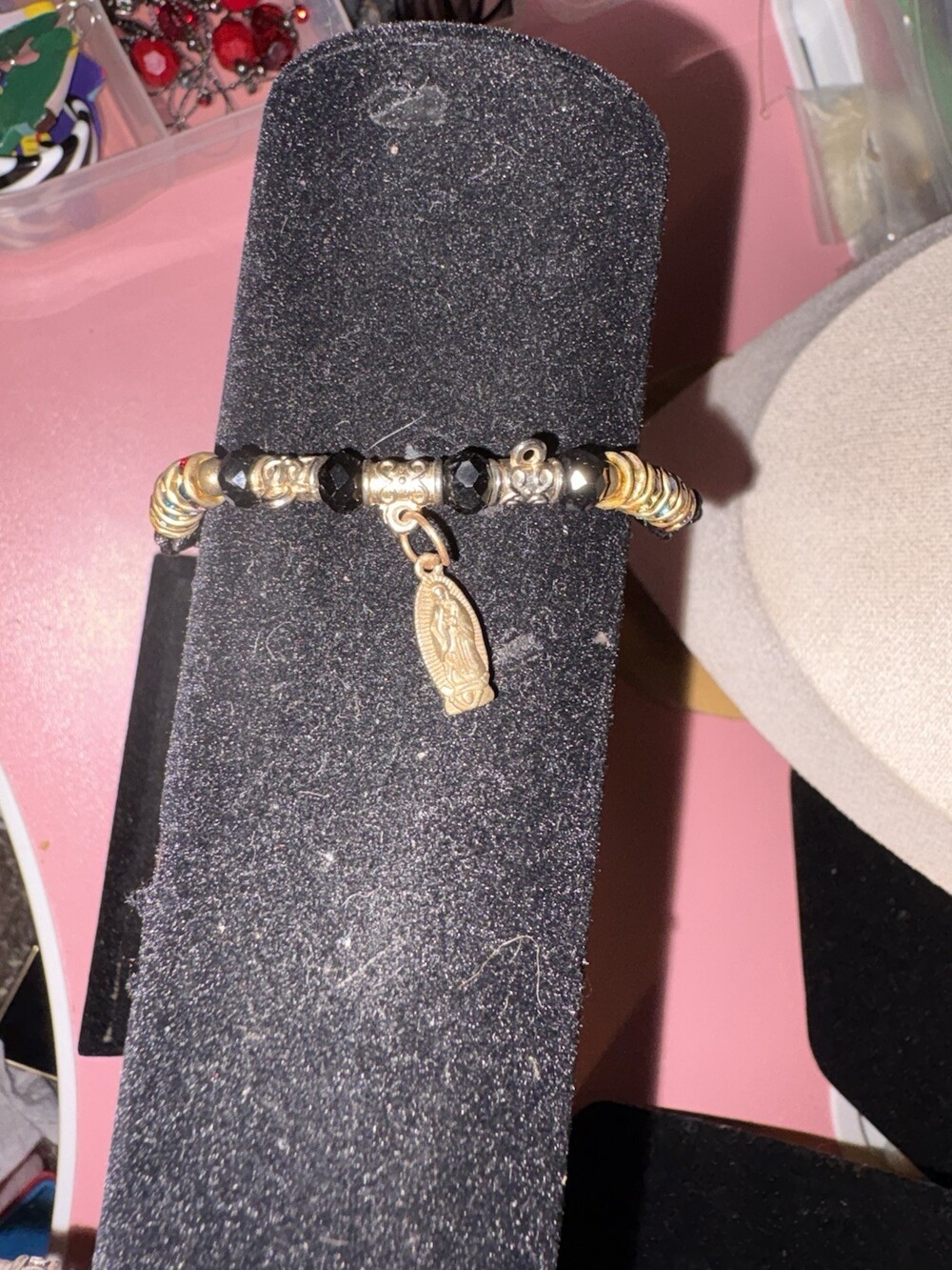 Our Lady of Guadalupe Black Bead Adjustable Bracelet Gold Tone Rhinestones